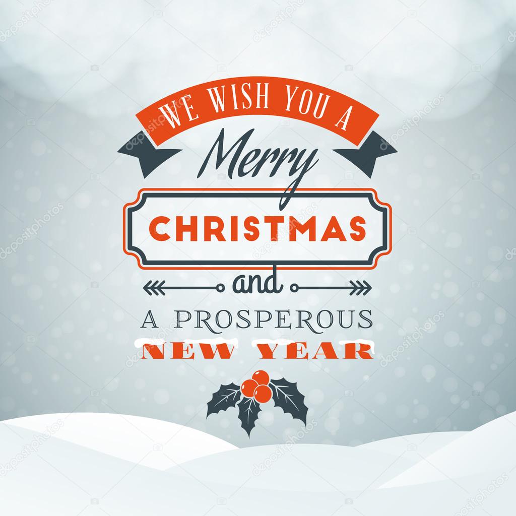 Merry Christmas Greeting Card. Vintage Typographic Badge with Light Snowfall Background. Vector Illustration