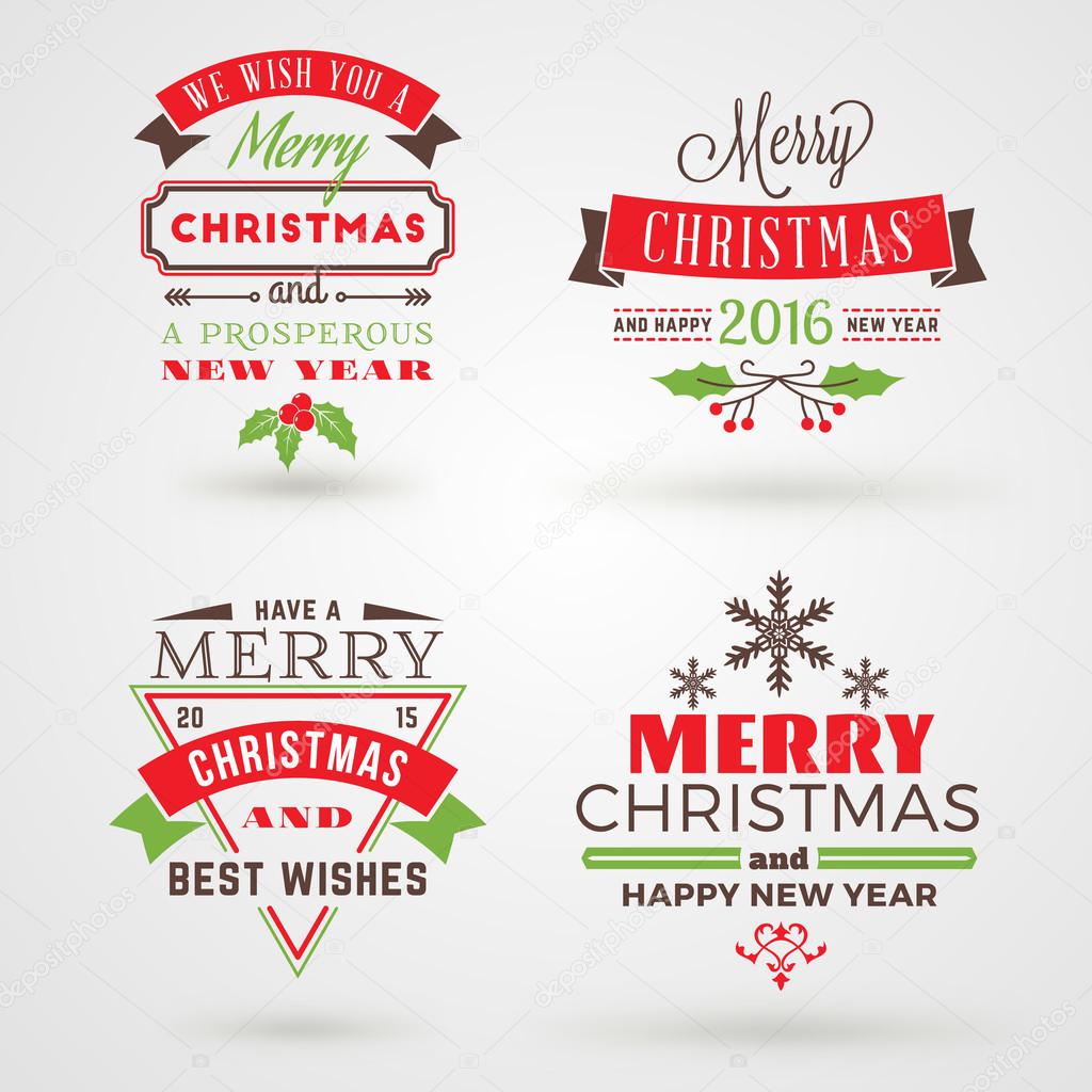 Set of Merry Christmas and Happy New Year Decorative Badges or Labels for Greetings Cards. Vector Illustration in Red, Green and Brown Colors and Shadows
