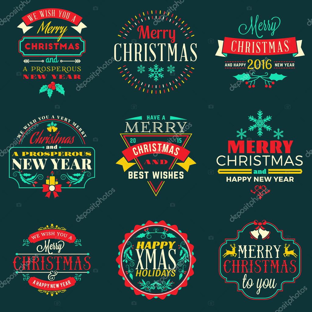 Set of Merry Christmas and Happy New Year Decorative Badges for Greetings Cards or Invitations