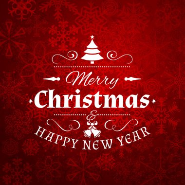 Christmas Postcard Decoration with Vintage Typographic Badge on Red Snowflakes Background. Merry Christmas and Happy New Year. Vector Illustration