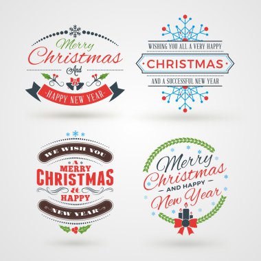 Mutlu Noeller ve mutlu yeni yıl dekoratif rozetleri veya etiketleri kümesi için tebrik kartları. Vektör çizim