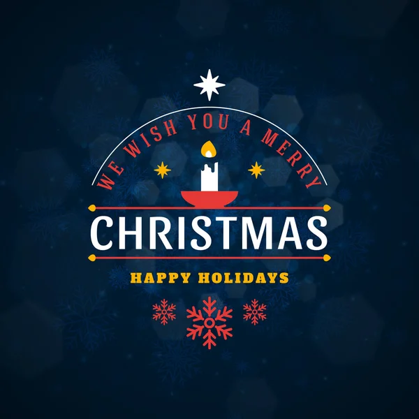 Merry Christmas Greeting Card. Vintage Typographic Badge with Candle and Snowflakes on Dark Blue Background. Vector Illustration — 스톡 벡터