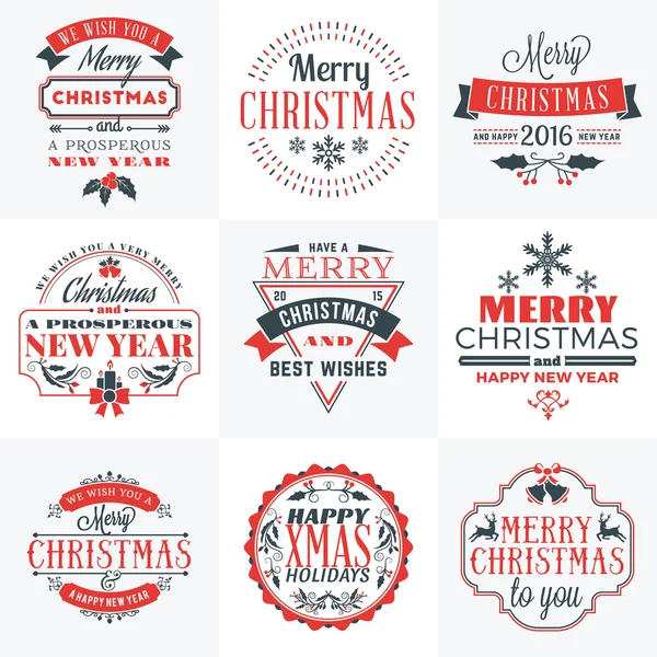 Set von frohen Weihnachten und ein glückliches neues Jahr dekorative Abzeichen für Grußkarten oder Einladungen. Vektorabbildung in roten und grauen Farben — Stockvektor