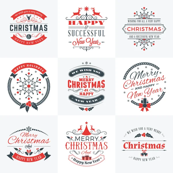 Ensemble d'insignes décoratifs joyeux Noël et bonne année pour cartes de vœux ou invitations. Illustration vectorielle en rouge et gris — Image vectorielle