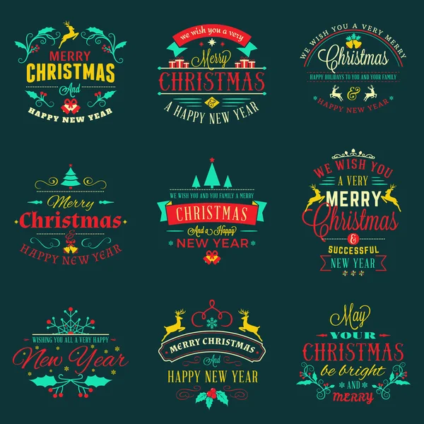 Set de Feliz Navidad y Feliz Año Nuevo Insignias Decorativas para Tarjetas de felicitación o Invitaciones. Ilustración vectorial en colores retro — Vector de stock