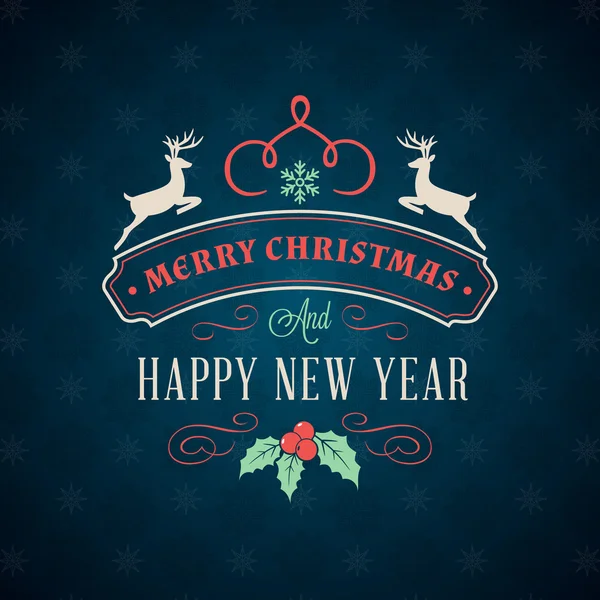 Boldog Karácsonyt és üdvözlés kártya Vintage tipográfiai jelvényt, sötét kék Retro háttér. Vektoros illusztráció — Stock Vector