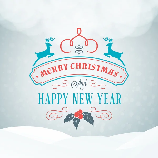 Feliz Navidad y Feliz Año Nuevo Tarjeta de felicitación. Insignia tipográfica vintage con fondo de nieve clara. Ilustración vectorial — Vector de stock