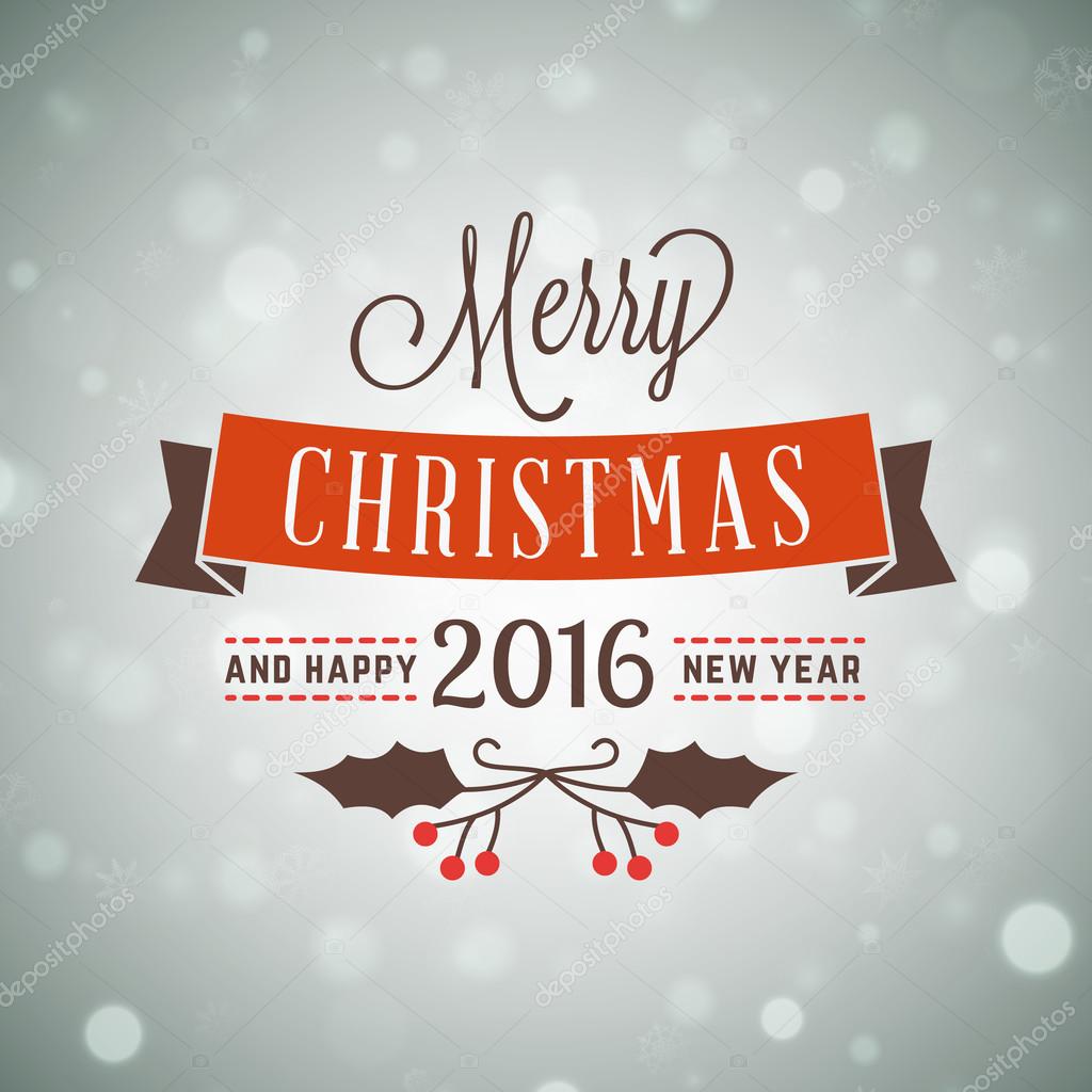 Merry Christmas Greeting Card. Vintage Typographic Badge with Misletoe Branch and Light Background. Vector Illustration