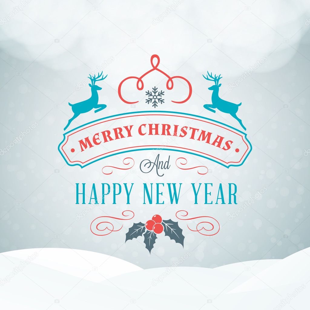 Merry Christmas and Happy New Year Greeting Card. Vintage Typographic Badge with Light Snowfall Background. Vector Illustration