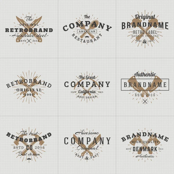 Set of Hipster Vintage Labels, Logotypes, Badges for Your Business. Knife, Axe, Hammer, Wrench. Vector Illustration on Dark Textured Background — стоковий вектор