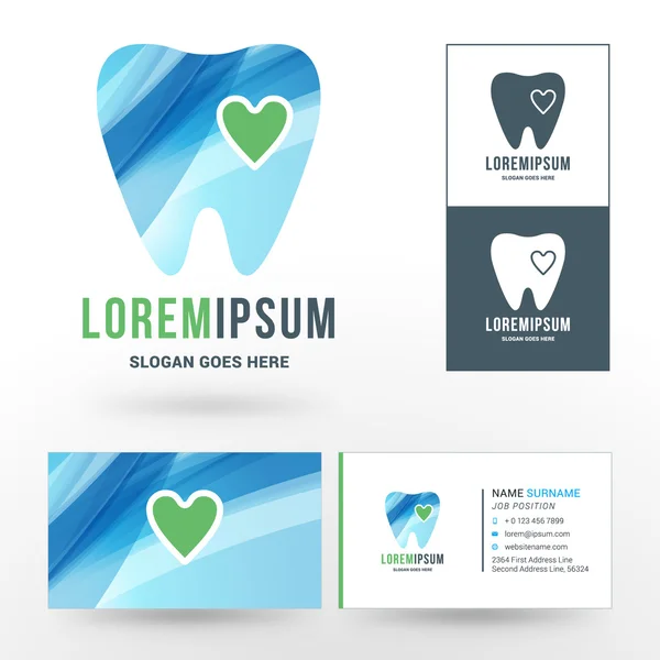 Vector Logo Template. Silhouettes of Tooth with Abstract Blue Waves and Green Heart. Logo for Dental Clinic — Stockový vektor