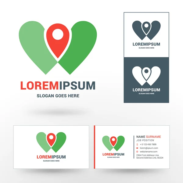 Vector Logo Template. Silhouettes of Two Hearts Intersect in Red Map Pin — 스톡 벡터