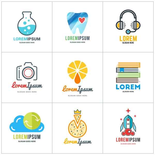 Set of Vector Coloful Logo Templates. Lab, Dokter Gigi, Dukungan, Fotografer, Juice Segar, Toko Buku, Penyimpanan Awan, Pizza, Peluncuran - Stok Vektor