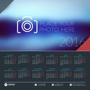 Vector Design Print Template with Place for Photo. Calendar for 2016 Year. Week Starts Monday