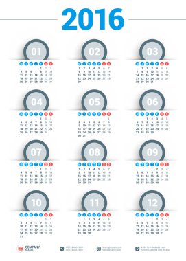 Vector Design Print Template. Calendar for 2016 Year. Week Starts Monday