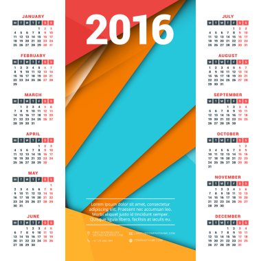 Vector Design Print Template with Abstract Background. Calendar for 2016 Year. Week Starts Monday
