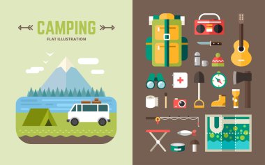 Camping Concept. Set of Vector Illustrations and Icons in Flat Design Style for Web Banners or Promotional Materials