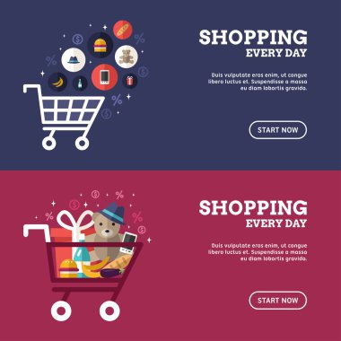 Her gün alışveriş. Alışveriş sepeti ürünler ile. Düz tasarım kavramları kümesi Web afiş ve promosyon malzemeleri için