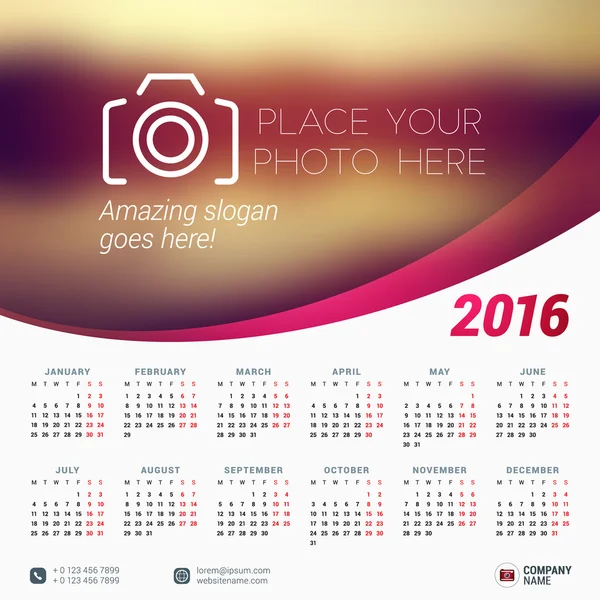 Vector Design Print Template with Place for Photo. Calendar for 2016 Year. Week Starts Monday — Διανυσματικό Αρχείο