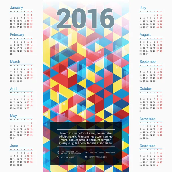 Modelo de impressão de design vetorial com fundo abstrato. Calendário para 2016 Ano. Semana começa segunda-feira — Vetor de Stock