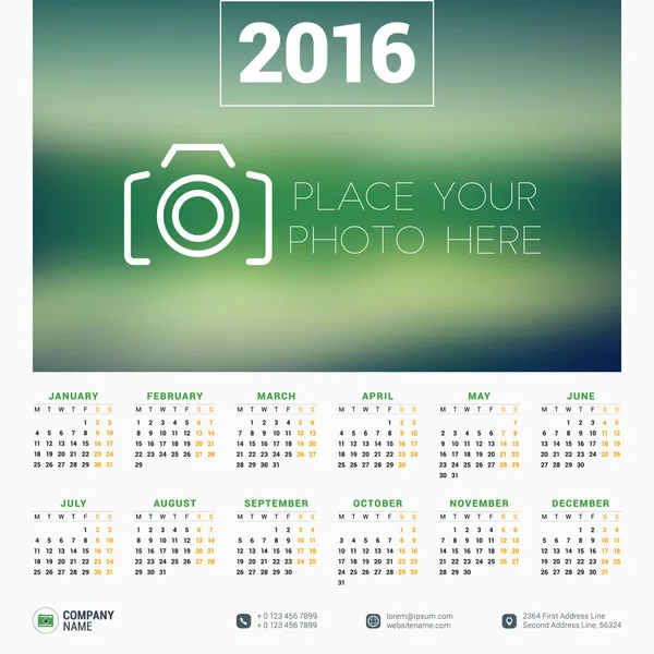 Vector Design Print Template with Place for Photo. Calendar for 2016 Year. Week Starts Monday — Stock Vector