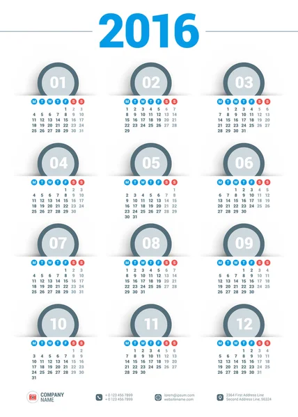 Vector Design Print Template. Calendar for 2016 Year. Week Starts Monday — ストックベクタ