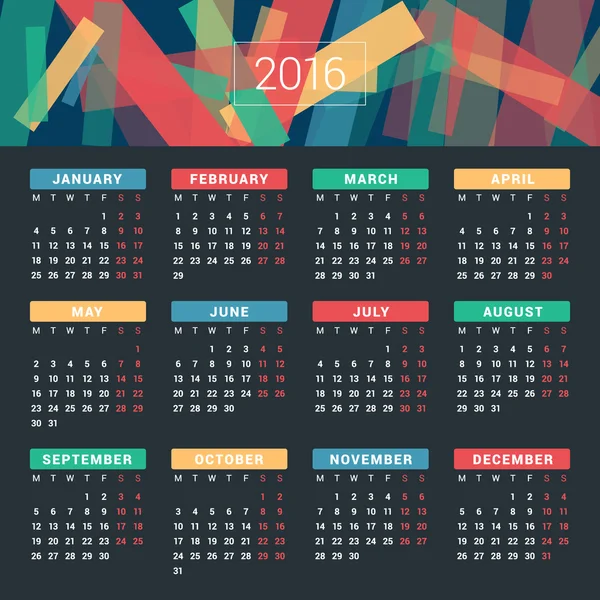 Modelo de impressão de design vetorial com fundo abstrato. Calendário para 2016 Ano. Semana começa segunda-feira — Vetor de Stock