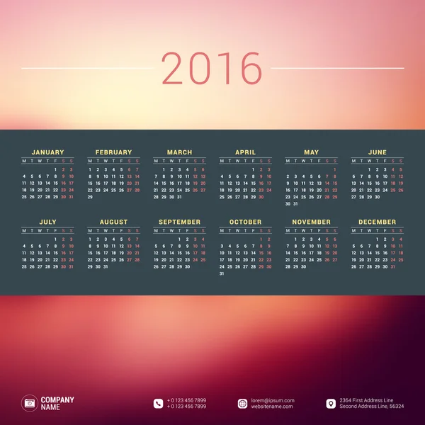 Vector Design Print Template with Place for Photo. Calendar for 2016 Year. Week Starts Monday — Stock vektor