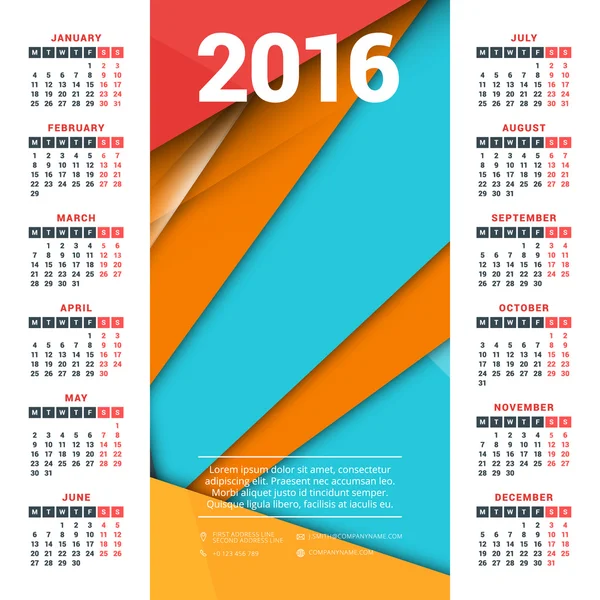 Vector Design Print Template with Abstract Background. Calendar for 2016 Year. Week Starts Monday — Wektor stockowy