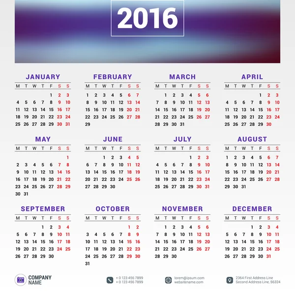 Vector Design Print Template. Calendar for 2016 Year. Week Starts Monday — Stockový vektor