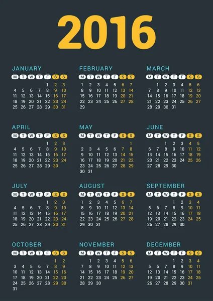 Vector Design Print Template. Calendar for 2016 Year. Week Starts Monday — Stok Vektör