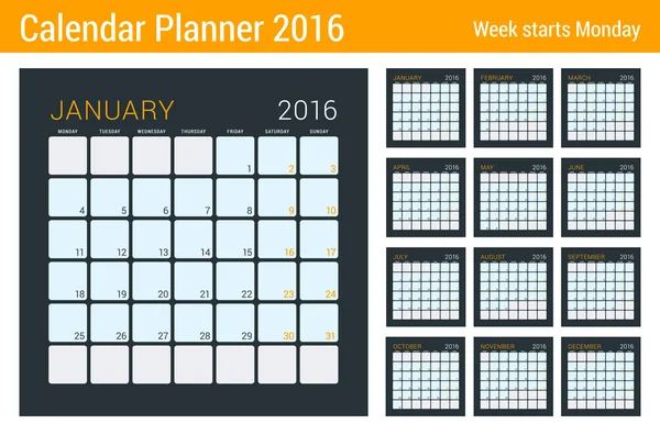 Набір календарів на 2016 рік. Векторний шаблон дизайну канцелярського приладдя. Тиждень починається з понеділка. 12 сторінок — стоковий вектор