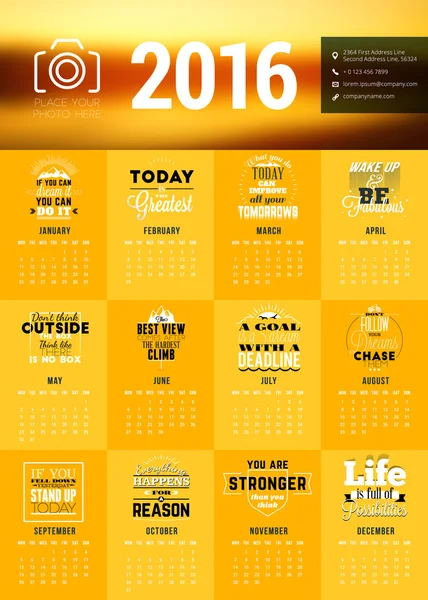 Vector Design Print Template with Motivational Quotes. Calendar for 2016 Year. Week Starts Monday — Stock vektor