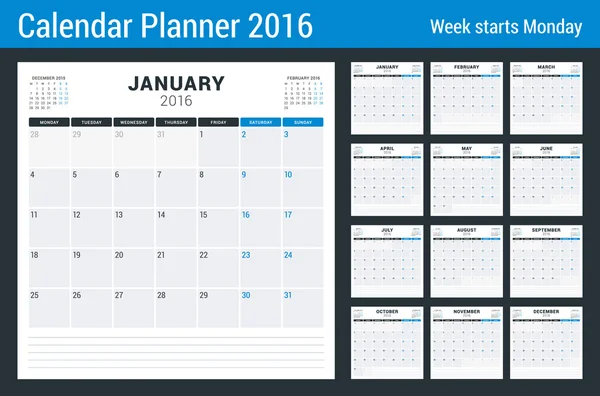 Calendario fijado para el año 2016. Plantilla de impresión de diseño de papelería vectorial. La semana empieza el lunes. 12 Páginas — Archivo Imágenes Vectoriales