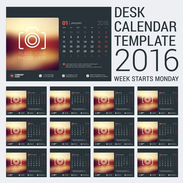 Calendar Set for 2016 Year. Vector Stationery Design Print Template. Week Starts Monday. 12 Pages — Stock vektor