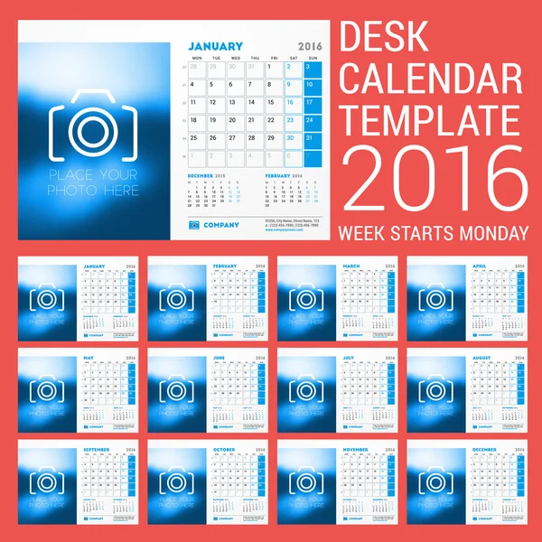 Calendar Set for 2016 Year. Vector Stationery Design Print Template. Week Starts Monday. 12 Pages — Διανυσματικό Αρχείο