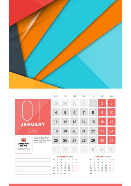 Calendar for 2016 Year. January. Vector Design Clean Template with Modern Abstract Background, Logo and Place for Notes. Week Starts Monday — Stock vektor