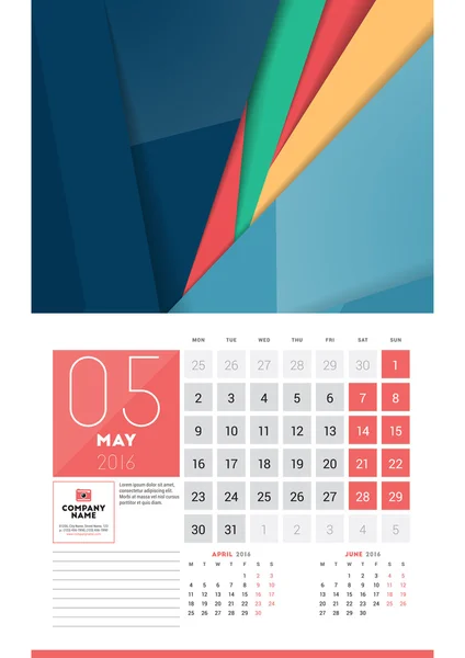 Calendario 2016 Año. Mayo. Plantilla limpia de diseño vectorial con fondo abstracto moderno, logotipo y lugar para notas. Semana comienza el lunes — Vector de stock