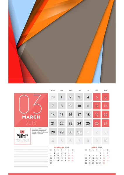 Kalender für 2016 Jahr. Marsch. Vektor Design saubere Vorlage mit modernen abstrakten Hintergrund, Logo und Platz für Notizen. Woche beginnt am Montag — Stockvektor