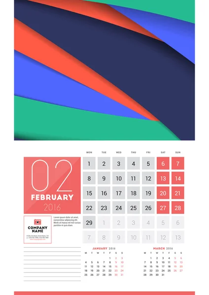 Calendario 2016 Año. Febrero. Plantilla limpia de diseño vectorial con fondo abstracto moderno, logotipo y lugar para notas. Semana comienza el lunes — Vector de stock