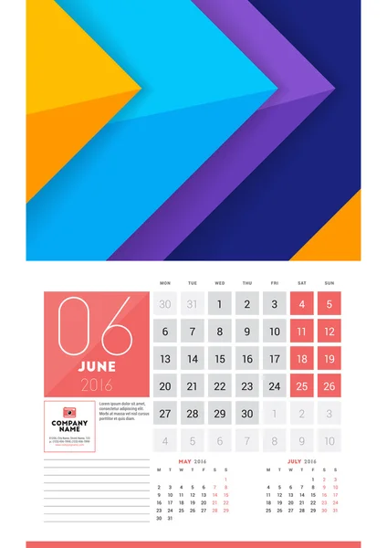 Calendário para 2016 Ano. Junho. Modelo limpo do projeto do vetor com fundo abstrato moderno, logotipo e lugar para notas. Semana começa segunda-feira — Vetor de Stock