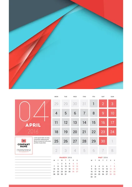 Calendar for 2016 Year. April. Vector Design Clean Template with Modern Abstract Background, Logo and Place for Notes. Week Starts Monday — Stock vektor