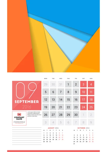 Calendar for 2016 Year. September. Vector Design Clean Template with Modern Abstract Background, Logo and Place for Notes. Week Starts Monday — 스톡 벡터