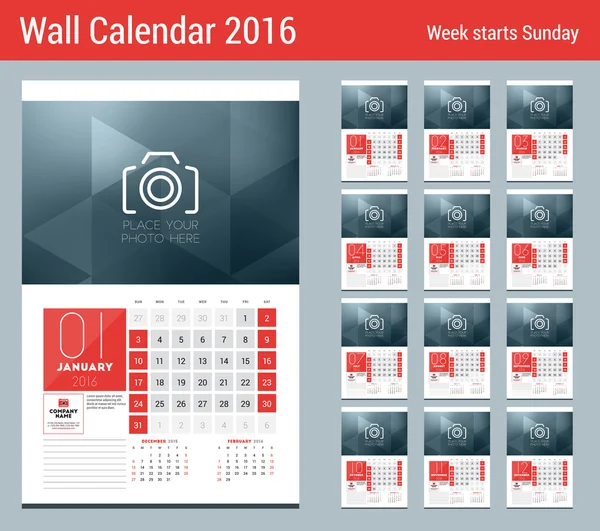 Calendar for 2016 Year. 12 Pages. Vector Design Clean Template with Modern Abstract Background, Logo and Place for Notes. Week Starts Sunday. Current, Previous and Next Months on the Page — Διανυσματικό Αρχείο