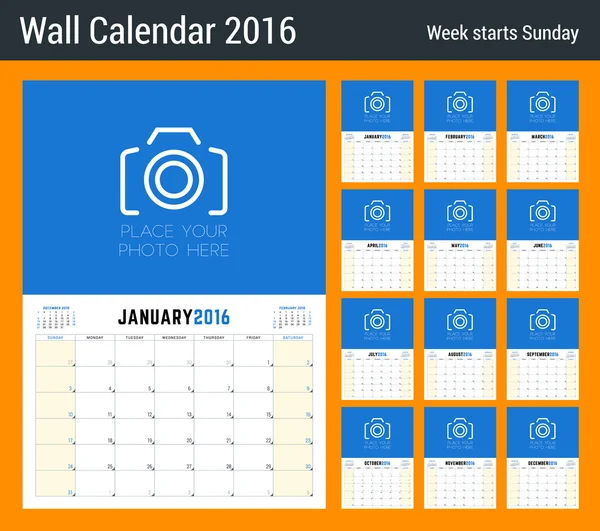 Планувальник календаря на 2016 рік. 12 сторінок. Векторний дизайн Чистий шаблон з місцем для нотаток. Тиждень починається неділя. Поточні, попередні та наступні місяці на сторінці — стоковий вектор