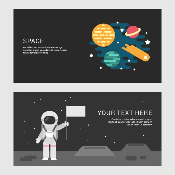 Space and Moon Landing Concept (en inglés). Conjunto de ilustraciones conceptuales vectoriales de estilo plano para banners web o materiales promocionales — Archivo Imágenes Vectoriales