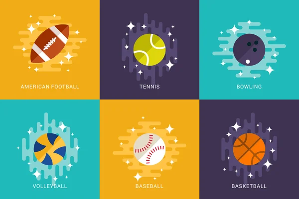 Conjunto de Bolas Esportivas. Ilustração vetorial de estilo plano. Futebol Americano, Basquetebol, Voleibol, Ténis, Bowling, Basebol. Atividades para jogar em equipe — Vetor de Stock