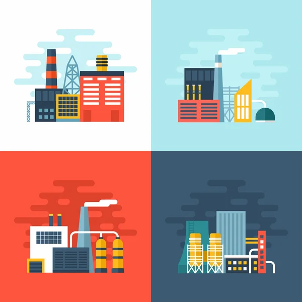 Conjunto de Edificios Industriales de Fábrica. Ilustraciones conceptuales de vectores de estilo plano para banners web o materiales promocionales — Vector de stock