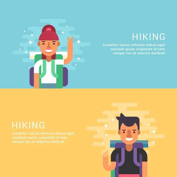 People Leisure Concept. Hiking. Male Cartoon Character Tourist. Flat Design Concepts for Web Banners and Promotional Materials — Stock Vector