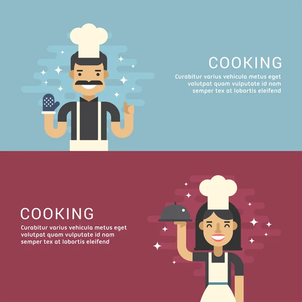 People Profession Concept. Cuisiner. Homme et Femme Personnages de bande dessinée Chef. Concepts de conception plate pour les bannières Web et le matériel promotionnel — Image vectorielle